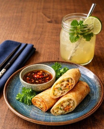 Neben einem Limonadenglas steht ein Teller mit gefüllten Wraps und einer Schale mit rotem Dip.