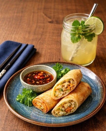 Neben einem Limonadenglas steht ein Teller mit gefüllten Wraps und einer Schale mit rotem Dip.