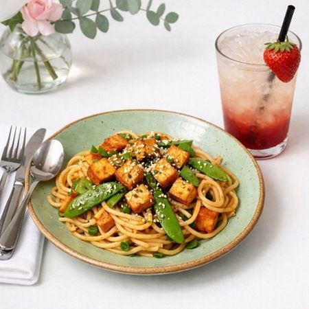 Neben einem Limonadenglas steht ein Teller mit einem Nudelgericht, Besteck und eine Vase mit Blumen.