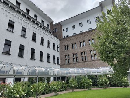 Klostergarten mit Wiese und Büschen umrandet von Bebauung.