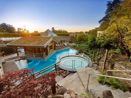 Außenbecken der Carolus Thermen umgeben von Bäumen und einem hölzernen Sauna-Haus.