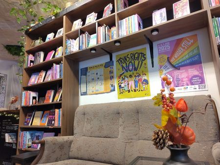 Bücherregal mit bunten Büchen und darunter eine graue Couch.